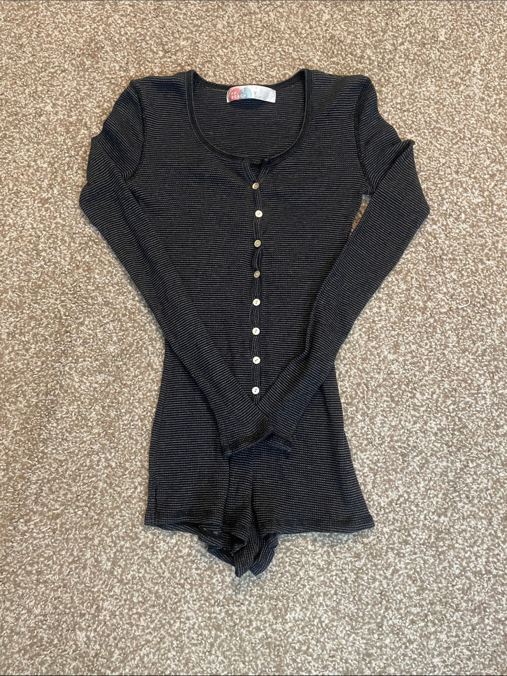 Free People FP Beach Striped Ribbed Henley Long Sleeve Button Down Romper